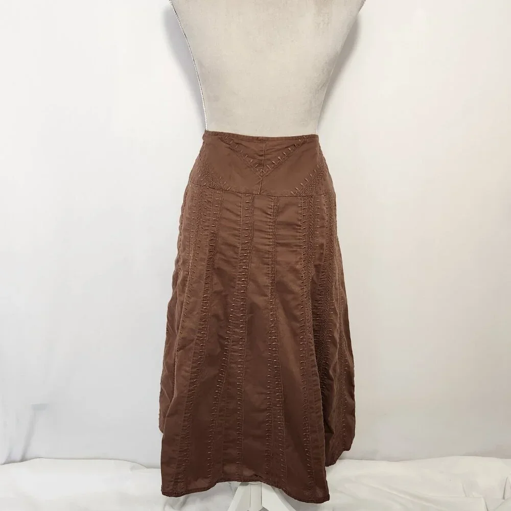 J. Jill Women’s Size 10P Dark Brown A-line Embroidered Lined Cotton MIDI Skirt